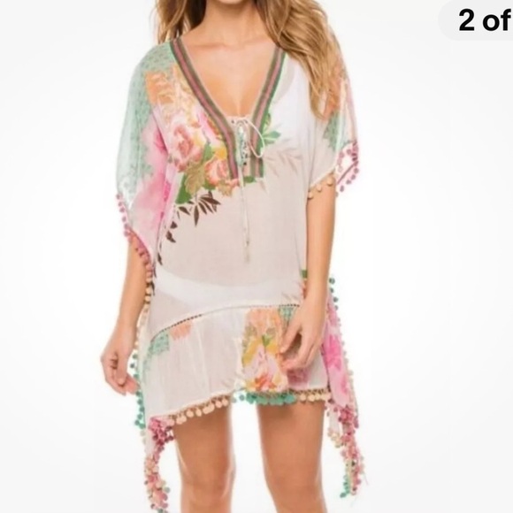 Z & L Europe Boho Floral Pom-Pom Caftan Kimono Coverup size OS Beach Vacation - Picture 3 of 16